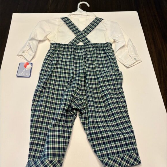 PETIT AMI OVERALLS 12 MONTHS DK GREEN COTTON WITH VELVETEEN VEST & WHITE SHIRT - Picture 6 of 7